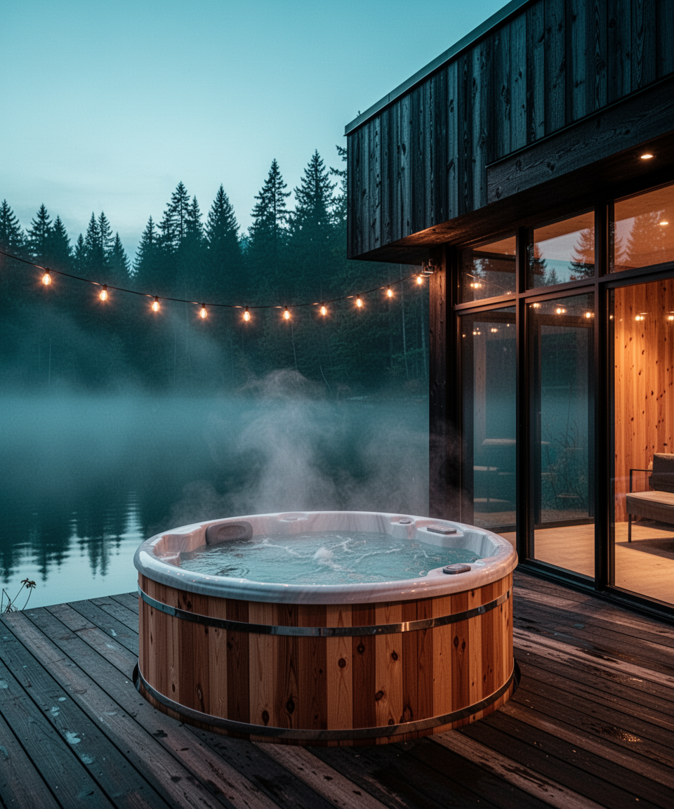 Cabin hot tub at night — atmospheric still