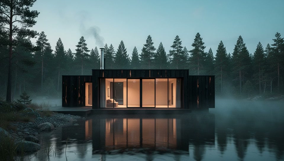 A lakeside cabin at dusk, the opening frame of the fly-through